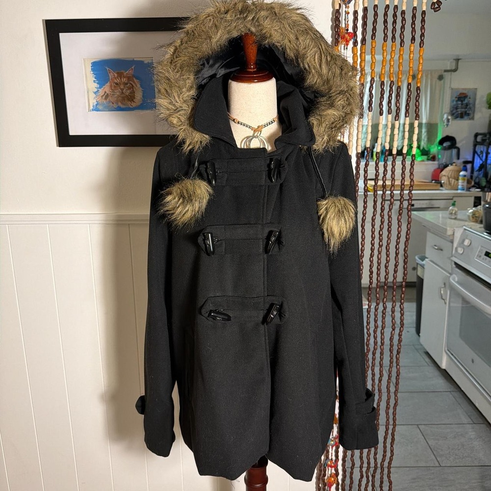 Studio 33 Designs Black Toggle Pea Coat Removable Faux Fur Hood XL Preppy Twee